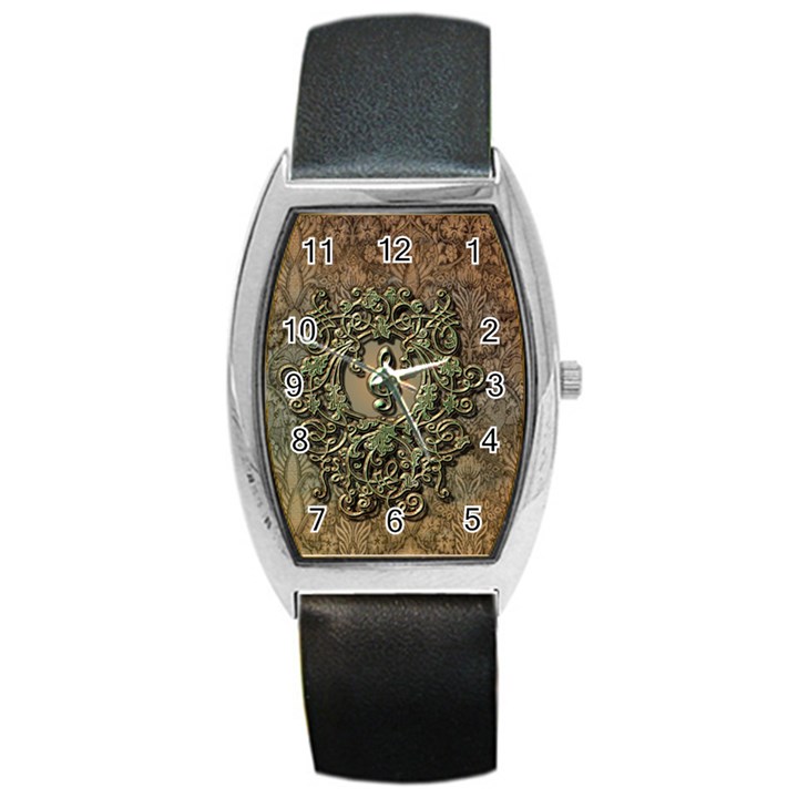 Elegant Clef With Floral Elements On A Background With Damasks Barrel Metal Watches