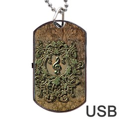 Elegant Clef With Floral Elements On A Background With Damasks Dog Tag Usb Flash (one Side) by FantasyWorld7