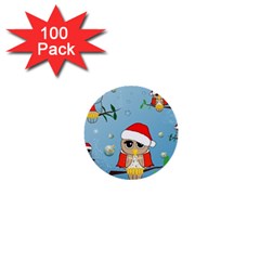 Funny, Cute Christmas Owls With Snowflakes 1  Mini Buttons (100 Pack) 