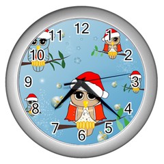 Funny, Cute Christmas Owls With Snowflakes Wall Clocks (silver) 