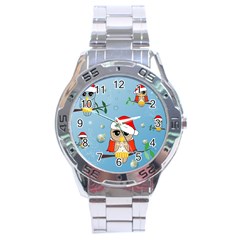 Funny, Cute Christmas Owls With Snowflakes Stainless Steel Men s Watch by FantasyWorld7