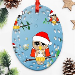 Funny, Cute Christmas Owls With Snowflakes Oval Filigree Ornament (2-side) 