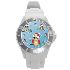 Funny, Cute Christmas Owls With Snowflakes Round Plastic Sport Watch (l) by FantasyWorld7