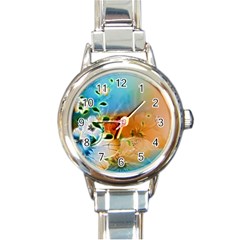 Wonderful Flowers In Colorful And Glowing Lines Round Italian Charm Watches