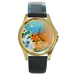 Wonderful Flowers In Colorful And Glowing Lines Round Gold Metal Watches