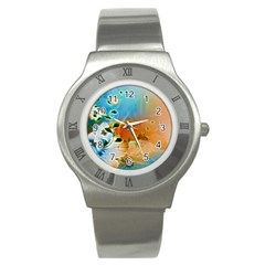 Wonderful Flowers In Colorful And Glowing Lines Stainless Steel Watches