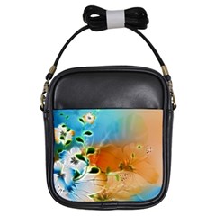 Wonderful Flowers In Colorful And Glowing Lines Girls Sling Bags