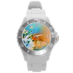 Wonderful Flowers In Colorful And Glowing Lines Round Plastic Sport Watch (l) by FantasyWorld7