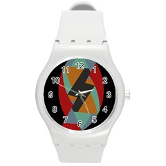 Fractal Design In Red, Soft-turquoise, Camel On Black Round Plastic Sport Watch (m) by digitaldivadesigns