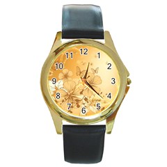 Wonderful Flowers With Butterflies Round Gold Metal Watches