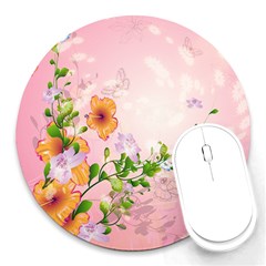 Beautiful Flowers On Soft Pink Background Round Mousepads