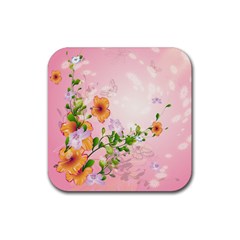 Beautiful Flowers On Soft Pink Background Rubber Coaster (square) 