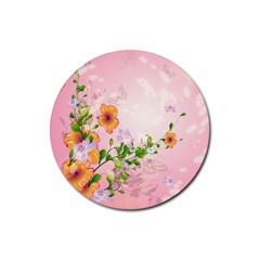 Beautiful Flowers On Soft Pink Background Rubber Round Coaster (4 Pack) 