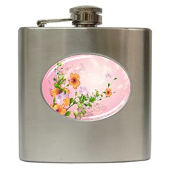 Beautiful Flowers On Soft Pink Background Hip Flask (6 Oz) by FantasyWorld7