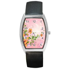 Beautiful Flowers On Soft Pink Background Barrel Metal Watches