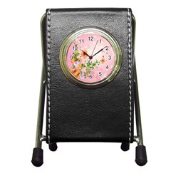 Beautiful Flowers On Soft Pink Background Pen Holder Desk Clocks