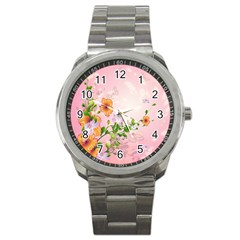 Beautiful Flowers On Soft Pink Background Sport Metal Watches by FantasyWorld7