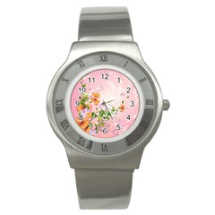 Beautiful Flowers On Soft Pink Background Stainless Steel Watches