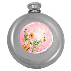 Beautiful Flowers On Soft Pink Background Round Hip Flask (5 Oz)