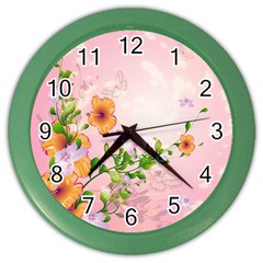 Beautiful Flowers On Soft Pink Background Color Wall Clocks