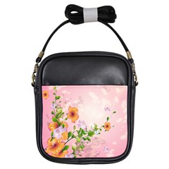 Beautiful Flowers On Soft Pink Background Girls Sling Bags