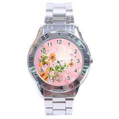 Beautiful Flowers On Soft Pink Background Stainless Steel Men s Watch by FantasyWorld7