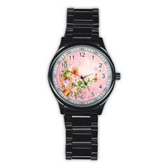 Beautiful Flowers On Soft Pink Background Stainless Steel Round Watches by FantasyWorld7