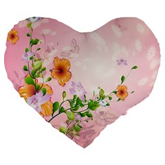 Beautiful Flowers On Soft Pink Background Large 19  Premium Flano Heart Shape Cushions by FantasyWorld7