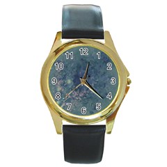 Vintage Floral In Blue Colors Round Gold Metal Watches