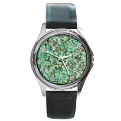 Beautiful Floral Pattern In Green Round Metal Watches