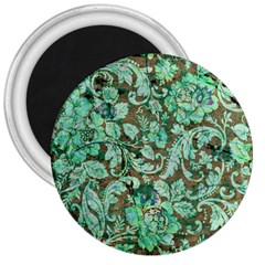 Beautiful Floral Pattern In Green 3  Magnets