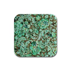 Beautiful Floral Pattern In Green Rubber Square Coaster (4 Pack) 