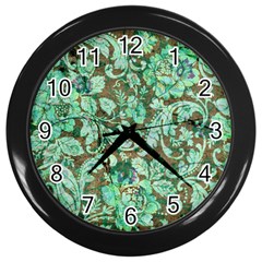 Beautiful Floral Pattern In Green Wall Clocks (black)