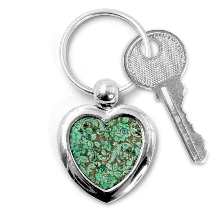 Beautiful Floral Pattern In Green Key Chains (Heart) 