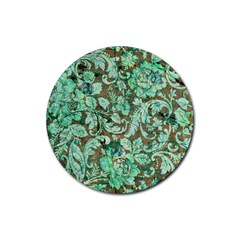 Beautiful Floral Pattern In Green Rubber Round Coaster (4 Pack) 