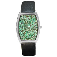 Beautiful Floral Pattern In Green Barrel Metal Watches