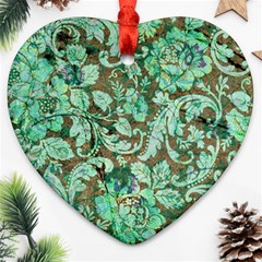 Beautiful Floral Pattern In Green Heart Ornament (2 Sides)