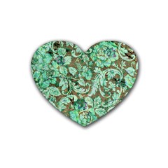 Beautiful Floral Pattern In Green Rubber Coaster (heart) 