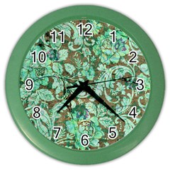 Beautiful Floral Pattern In Green Color Wall Clocks