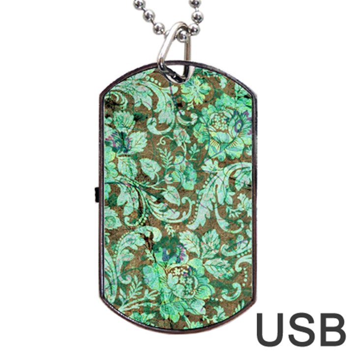 Beautiful Floral Pattern In Green Dog Tag USB Flash (One Side)