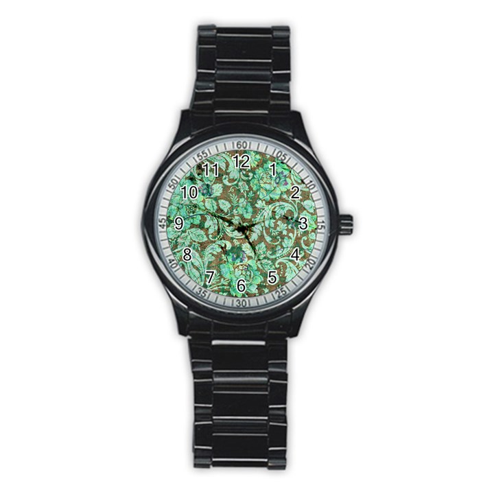 Beautiful Floral Pattern In Green Stainless Steel Round Watches