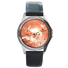 Amazing Flowers With Dragonflies Round Metal Watches