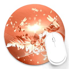 Amazing Flowers With Dragonflies Round Mousepads