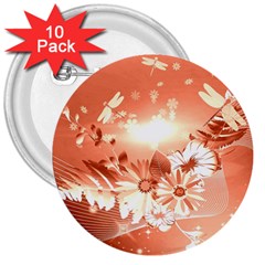 Amazing Flowers With Dragonflies 3  Buttons (10 Pack) 