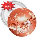 Amazing Flowers With Dragonflies 3  Buttons (10 pack)  Front