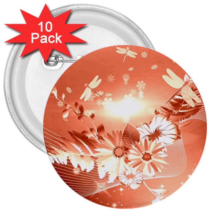 Amazing Flowers With Dragonflies 3  Buttons (10 pack) 