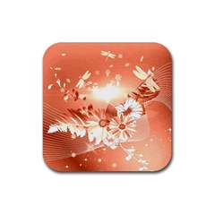 Amazing Flowers With Dragonflies Rubber Coaster (square) 