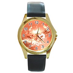 Amazing Flowers With Dragonflies Round Gold Metal Watches