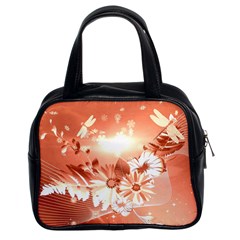 Amazing Flowers With Dragonflies Classic Handbags (2 Sides)