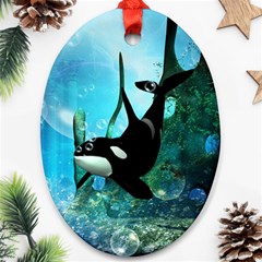 Orca Swimming In A Fantasy World Ornament (oval)  by FantasyWorld7